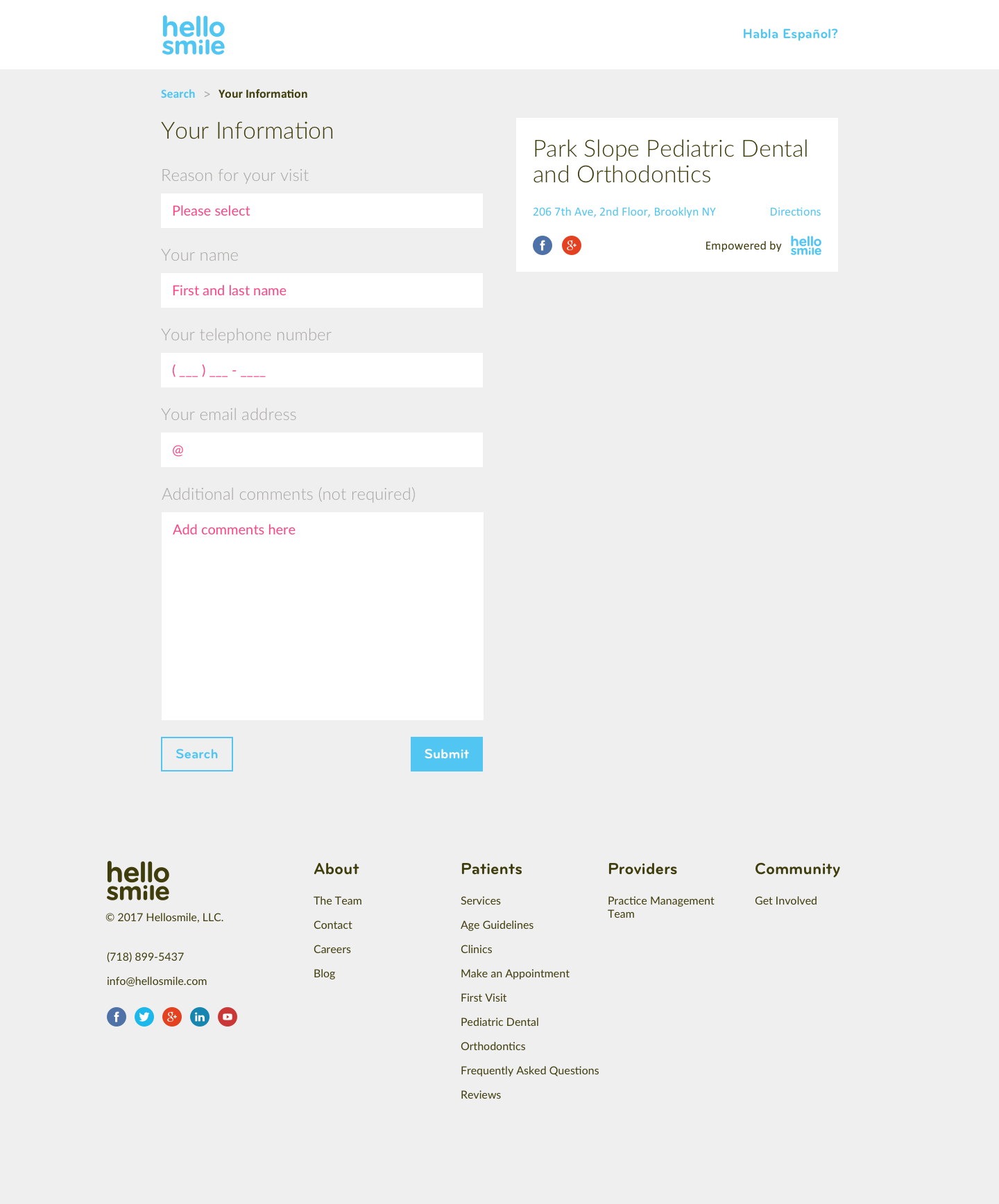 Screenshot of the second step of the clinic finder where a patient enters their personal information.