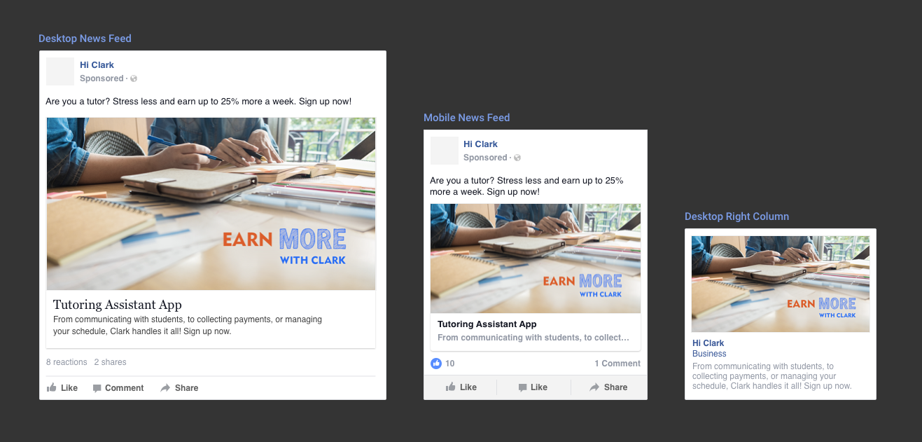 Screenshots of Facebook ad assets.