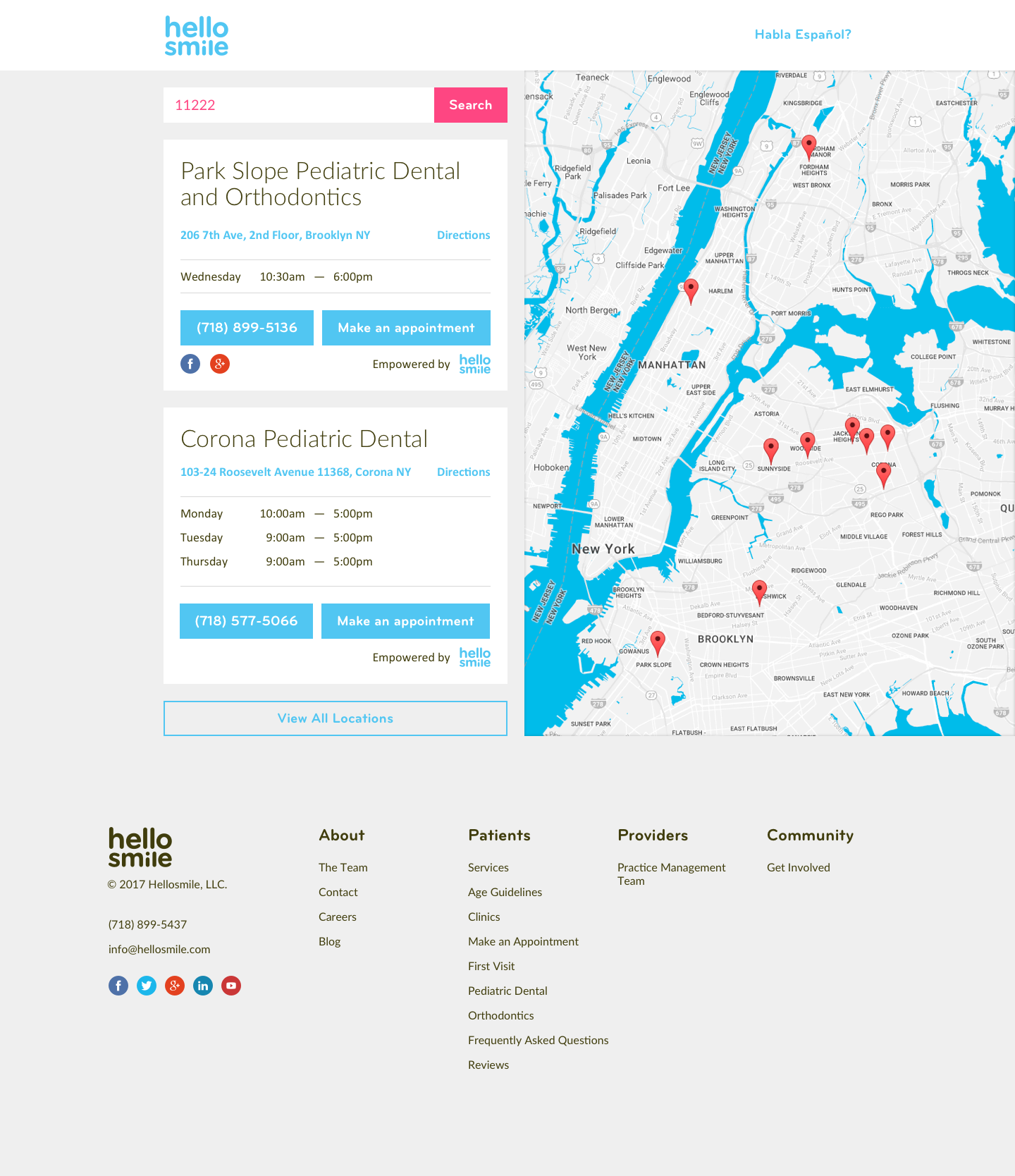 Screenshot of the first step of the clinic finder flow featuring a clinic listing and map view. It uses a zip code input field to determine the view point of the map.